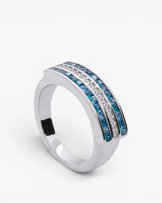 Wide silver ring with blue cubic zirconia