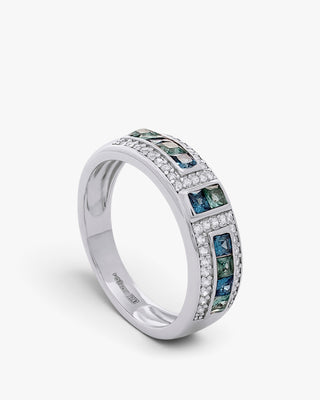 Silver ring with blue and green stones and cubic zirconia