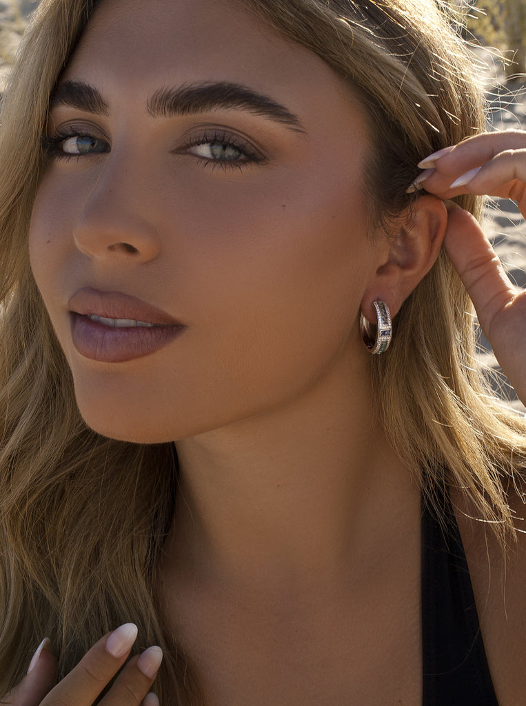 Silver earrings with geometric multicolored stones