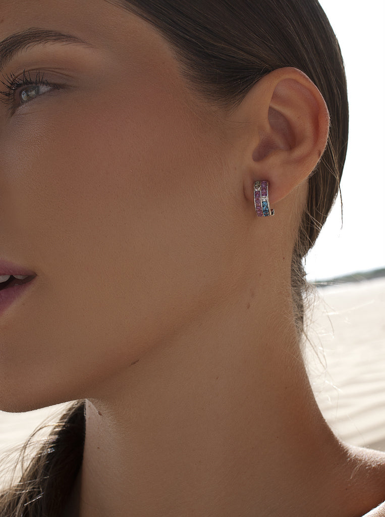 Silver earrings with a double row of multicolored stones