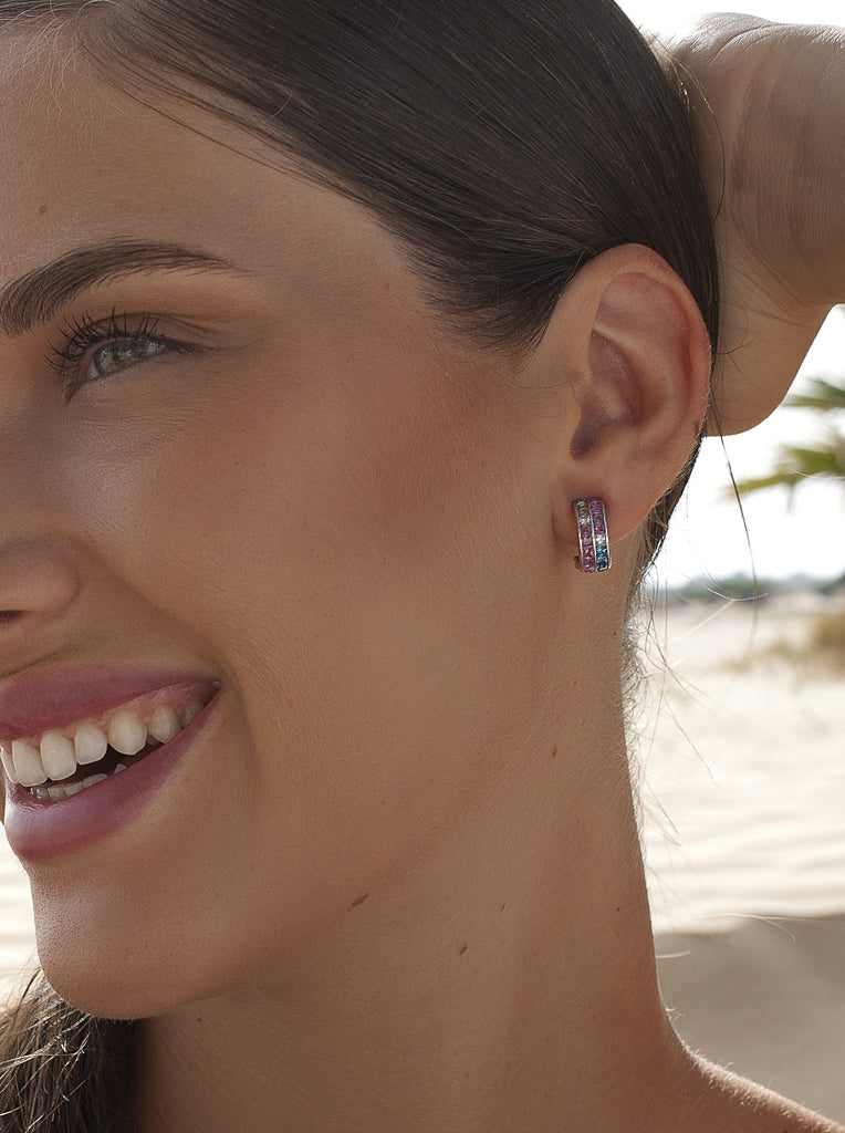 Silver earrings with a double row of multicolored stones