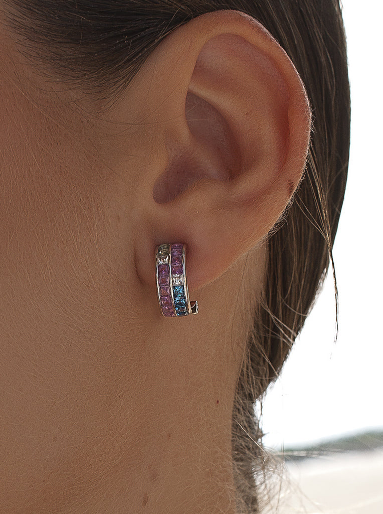 Silver earrings with a double row of multicolored stones