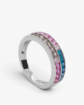 Silver ring with multi-colored stone bands