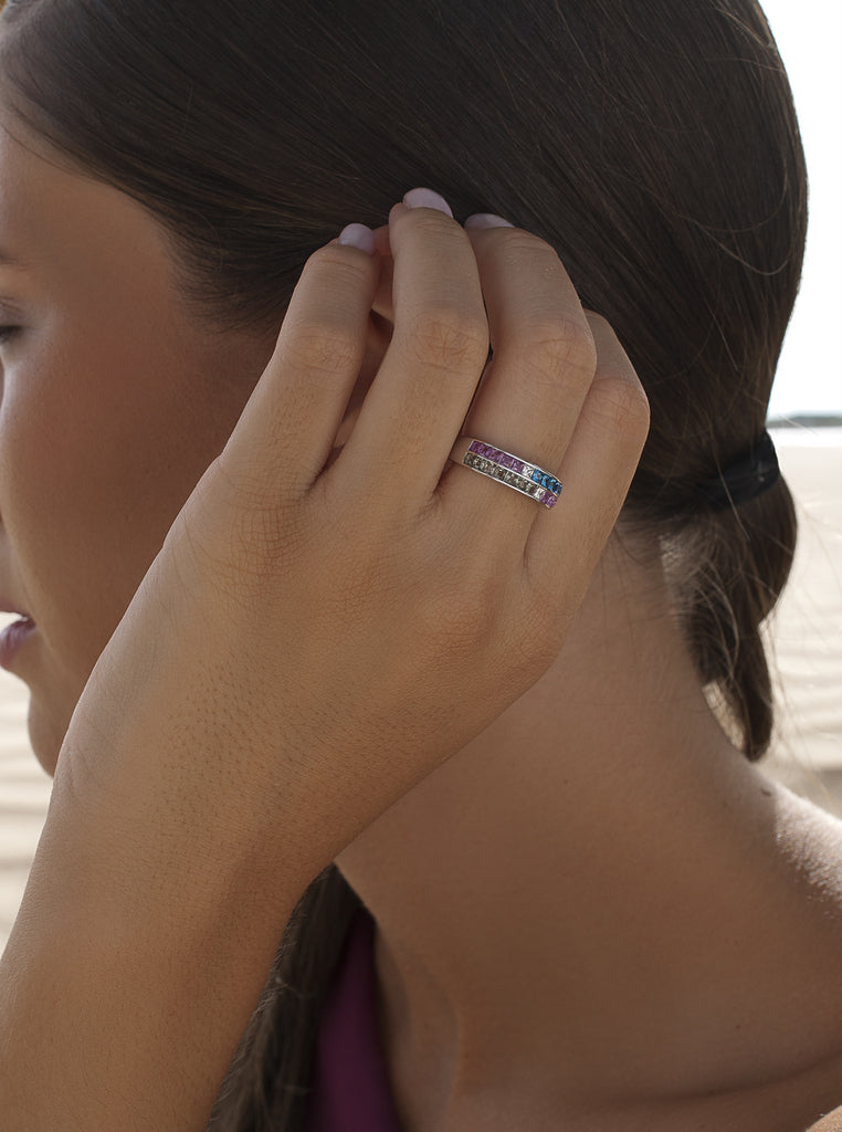 Silver ring with multi-colored stone bands