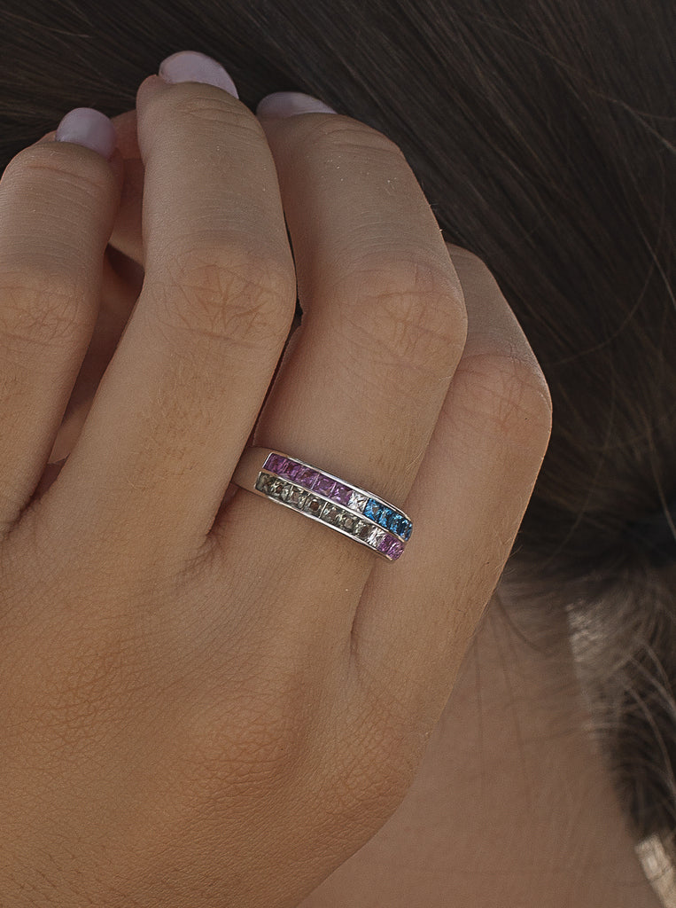 Silver ring with multi-colored stone bands