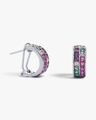 Silver earrings with green, pink, and lilac stones