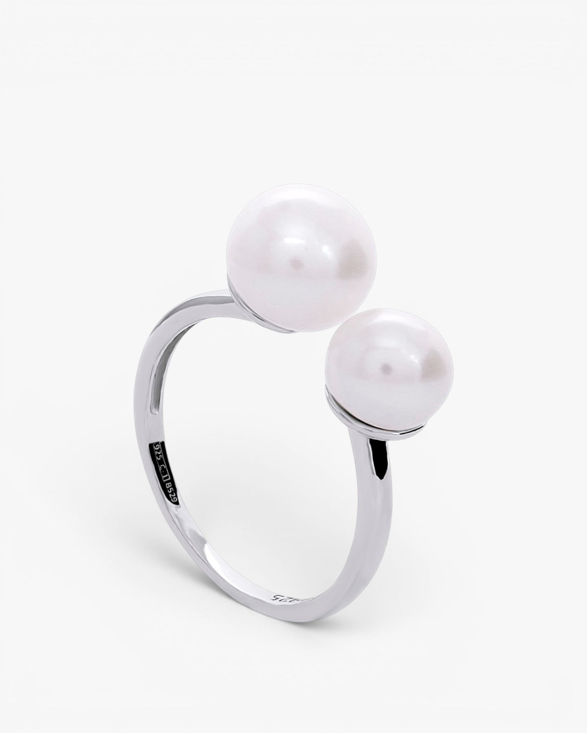 Open silver ring with two pearls