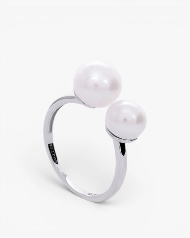 Open silver ring with two pearls