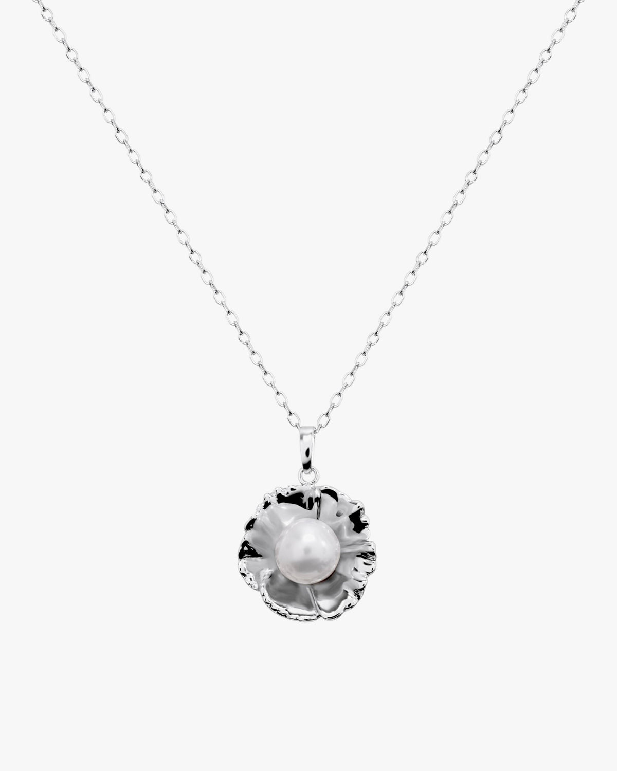 Silver necklace with flower and white pearl