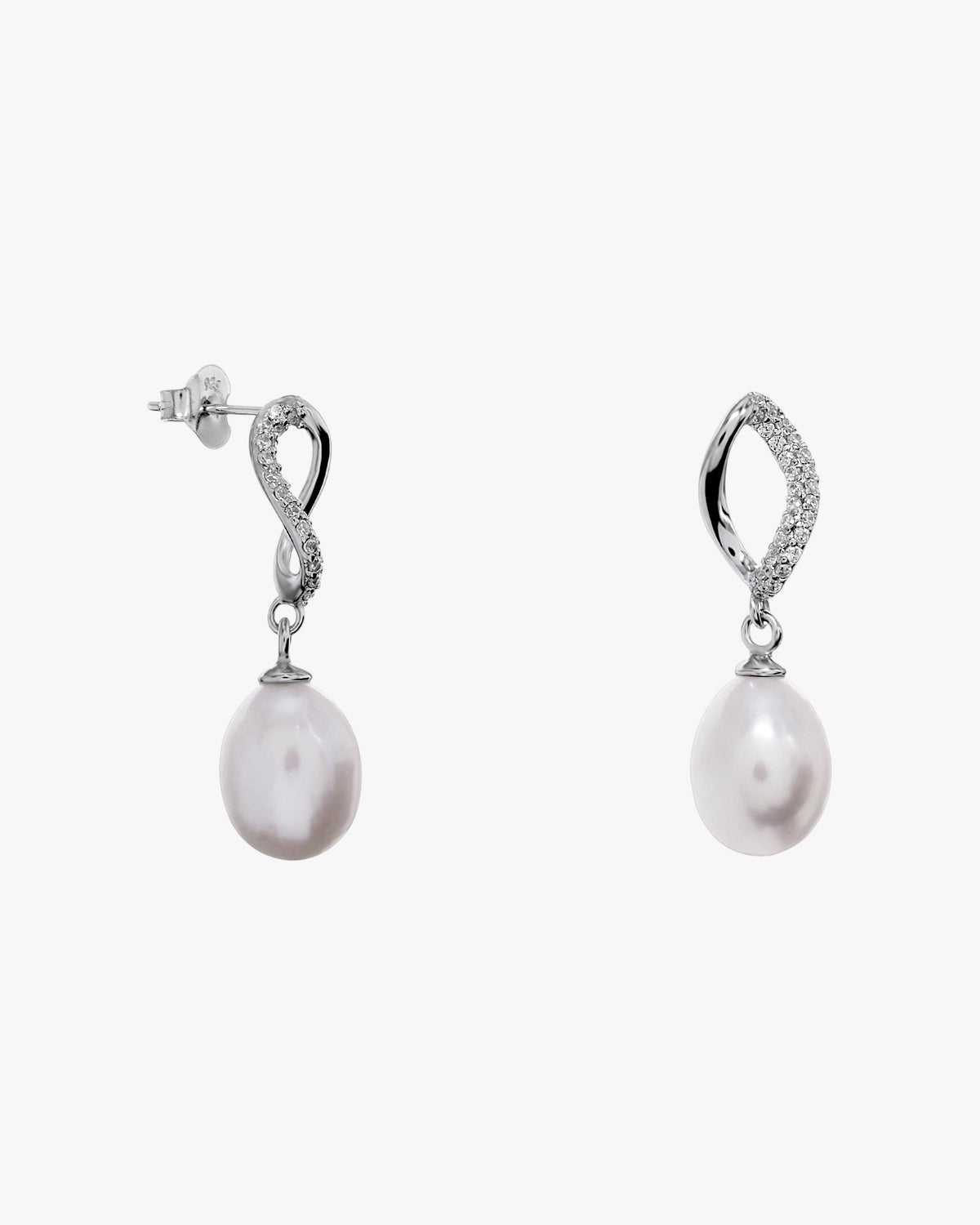 Silver earrings with a dangling pearl and interlocking design
