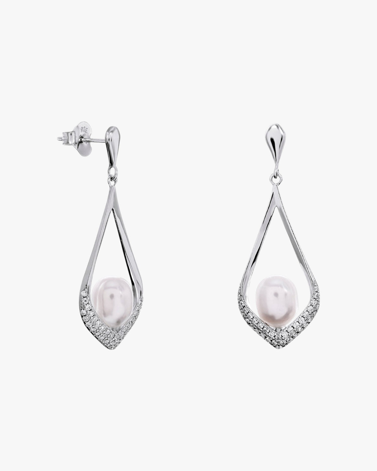 Long silver earrings with a pearl in a teardrop frame
