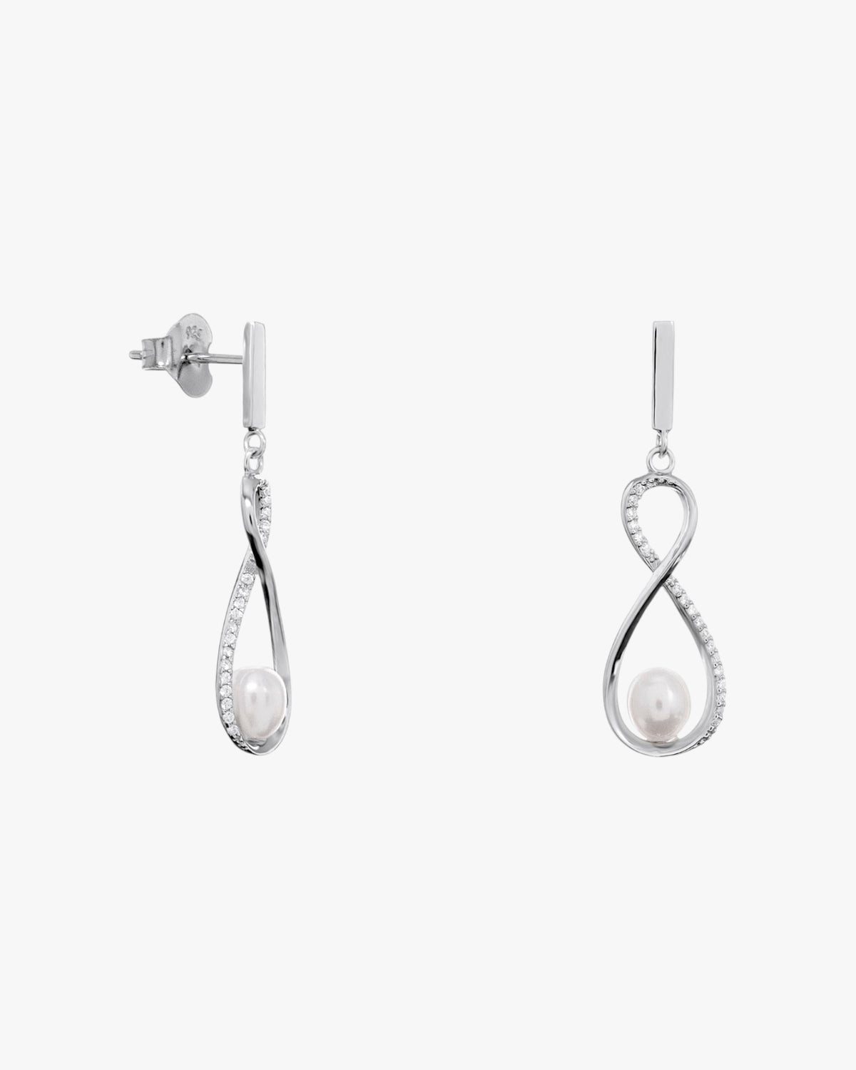 Silver infinity earrings with pearl and cubic zirconia