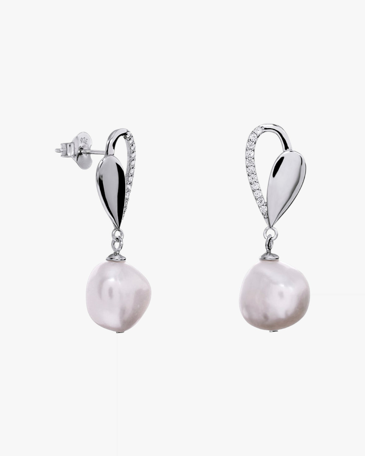 Silver earrings with pearl and leaf motif with cubic zirconia