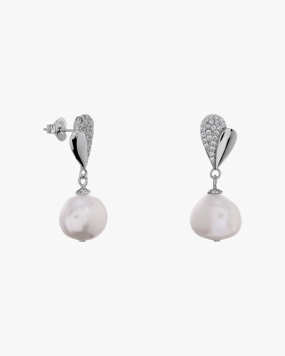 Silver earrings with pearl and cubic zirconia petals