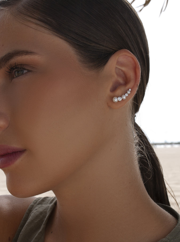 Silver climber earrings with pearls and cubic zirconia