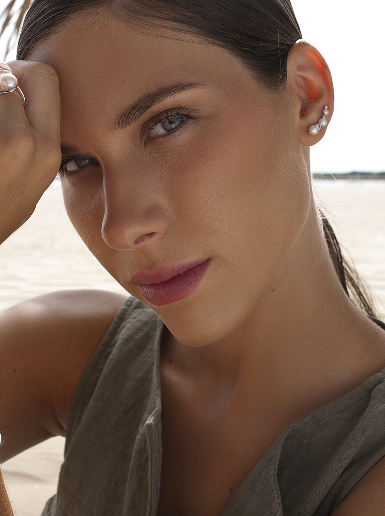 Silver climber earrings with pearls and cubic zirconia
