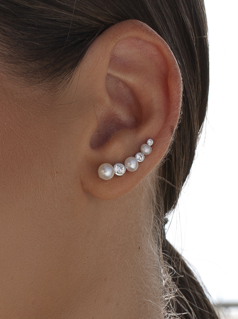 Silver climber earrings with pearls and cubic zirconia