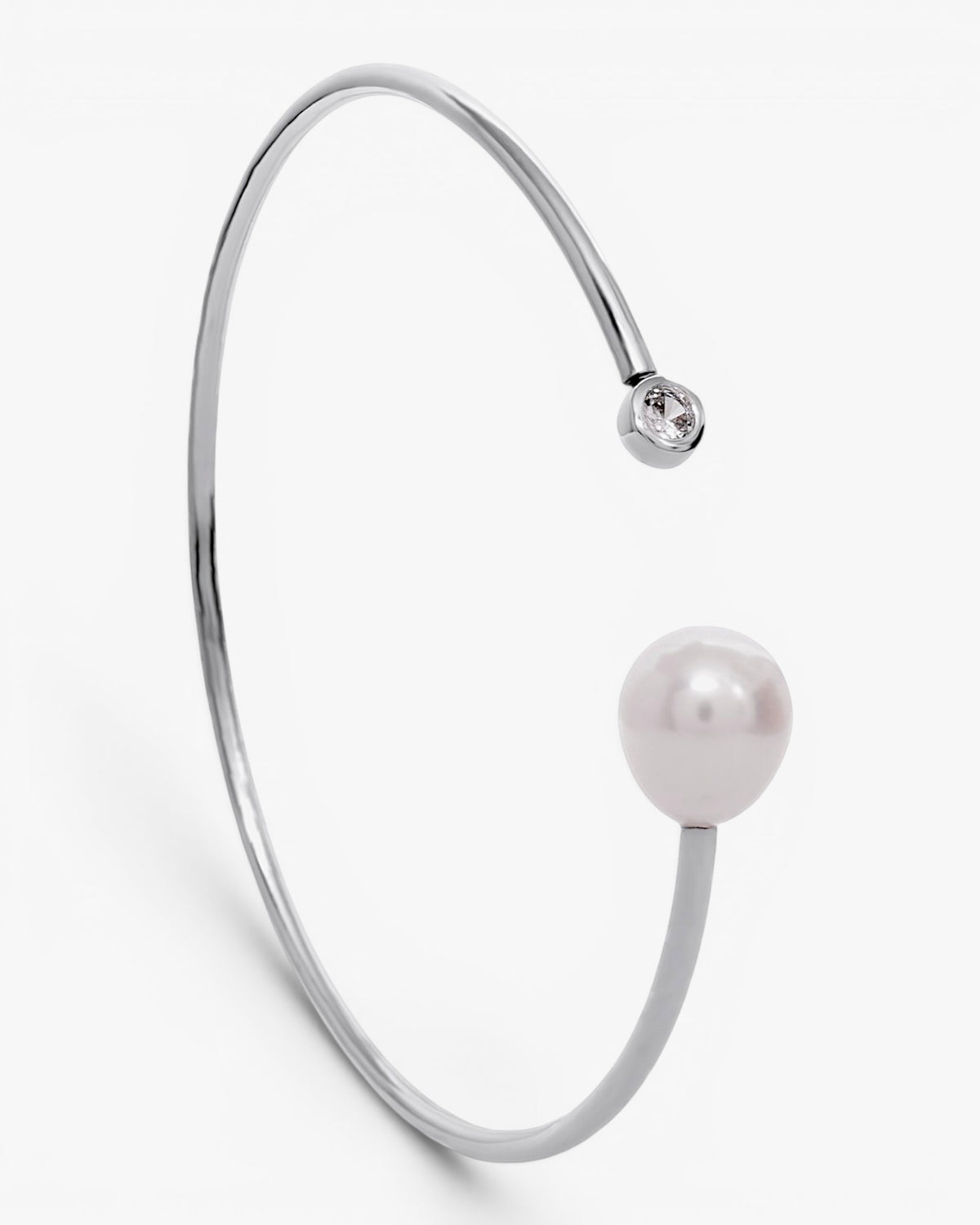 Open silver bangle with pearl and zirconia