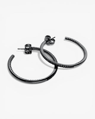 Pendientes aros grandes doble raíl de circonitas negras diseño cuadrado y baño de rutenio