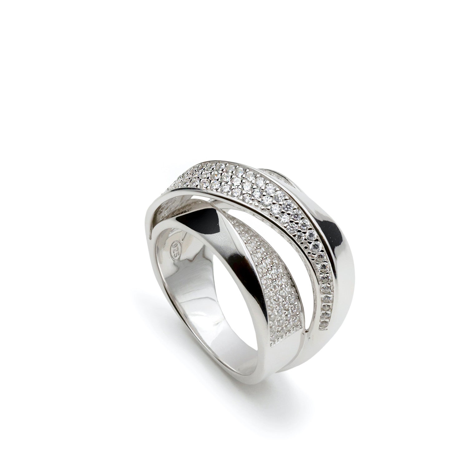 Anillo ancho de plata con circonita con volumen