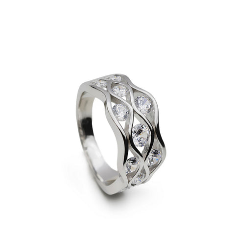 Anillo ancho de plata con circonitas diseno ondas