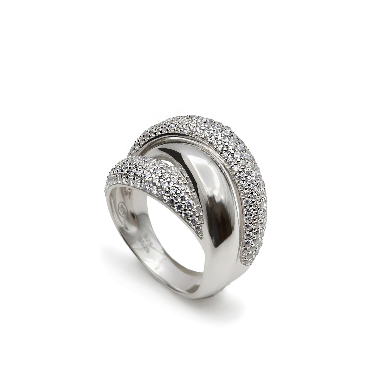 ring wide silver intertwined with zirconias