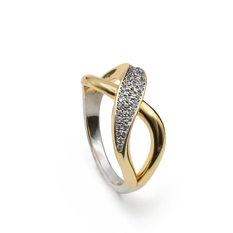 Anillo bicolor de plata con circonitas cruzado