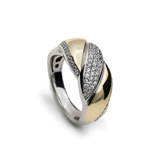 Anillo bicolor de plata y oro trenzadas con circonitas-LINEARGENT