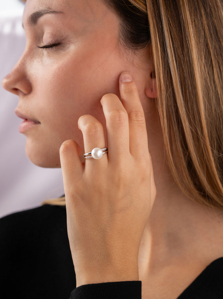 bague avec perle style doubles avec zircons-LINEARGENT