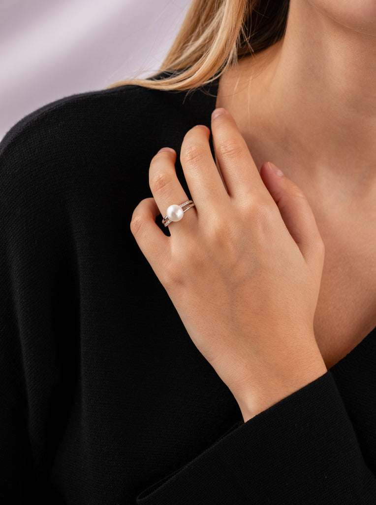 bague avec perle style doubles avec zircons-LINEARGENT