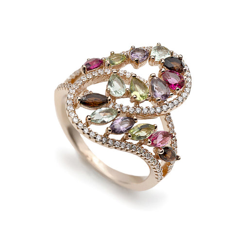 Anillo con piedras multicolor de plata bañada en oro rosa-LINEARGENT