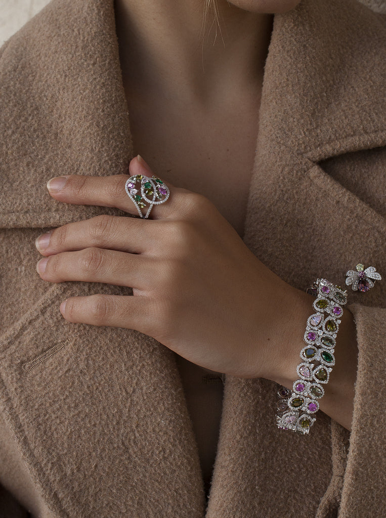 Anillo con piedras multicolor en tonos calidos y circonitas-LINEARGENT