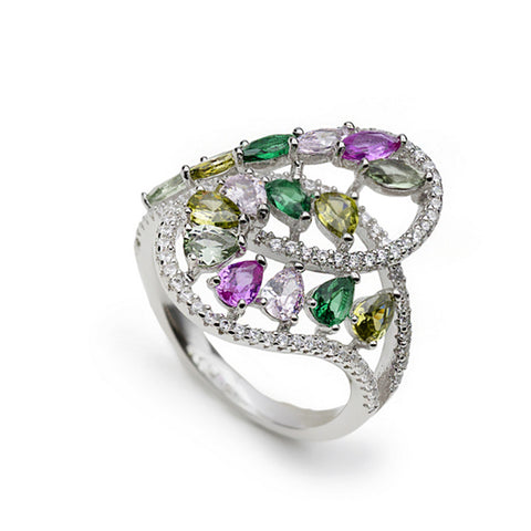 Anillo con piedras multicolor en tonos calidos y circonitas-LINEARGENT