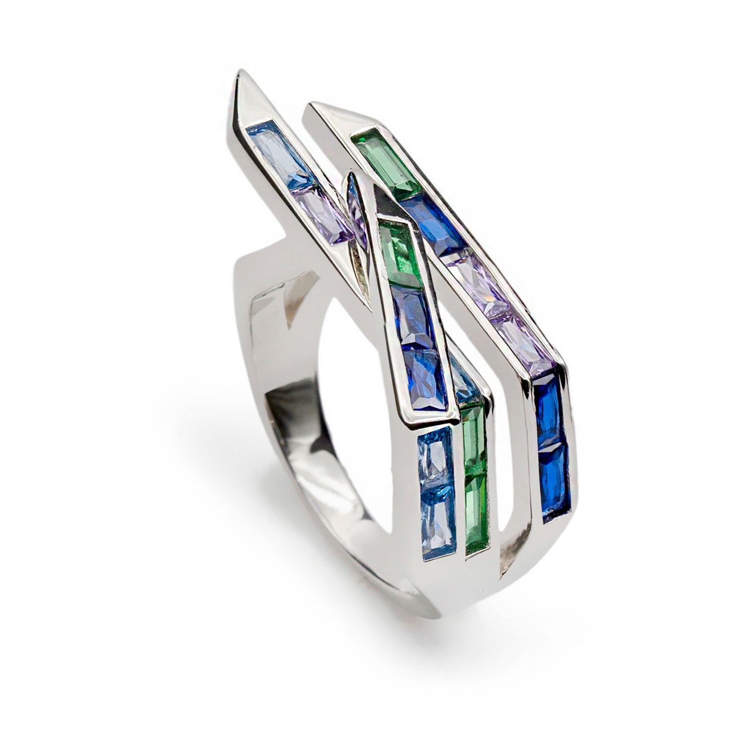 Anillo con piedras tono azul estilo geométrico-LINEARGENT