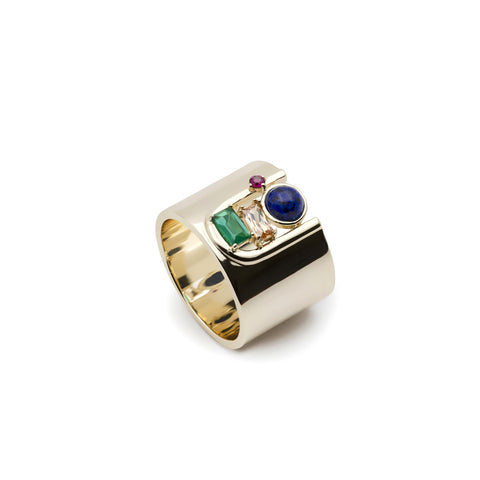 Anillo de diseño ancho estilo vanguardista con gemas