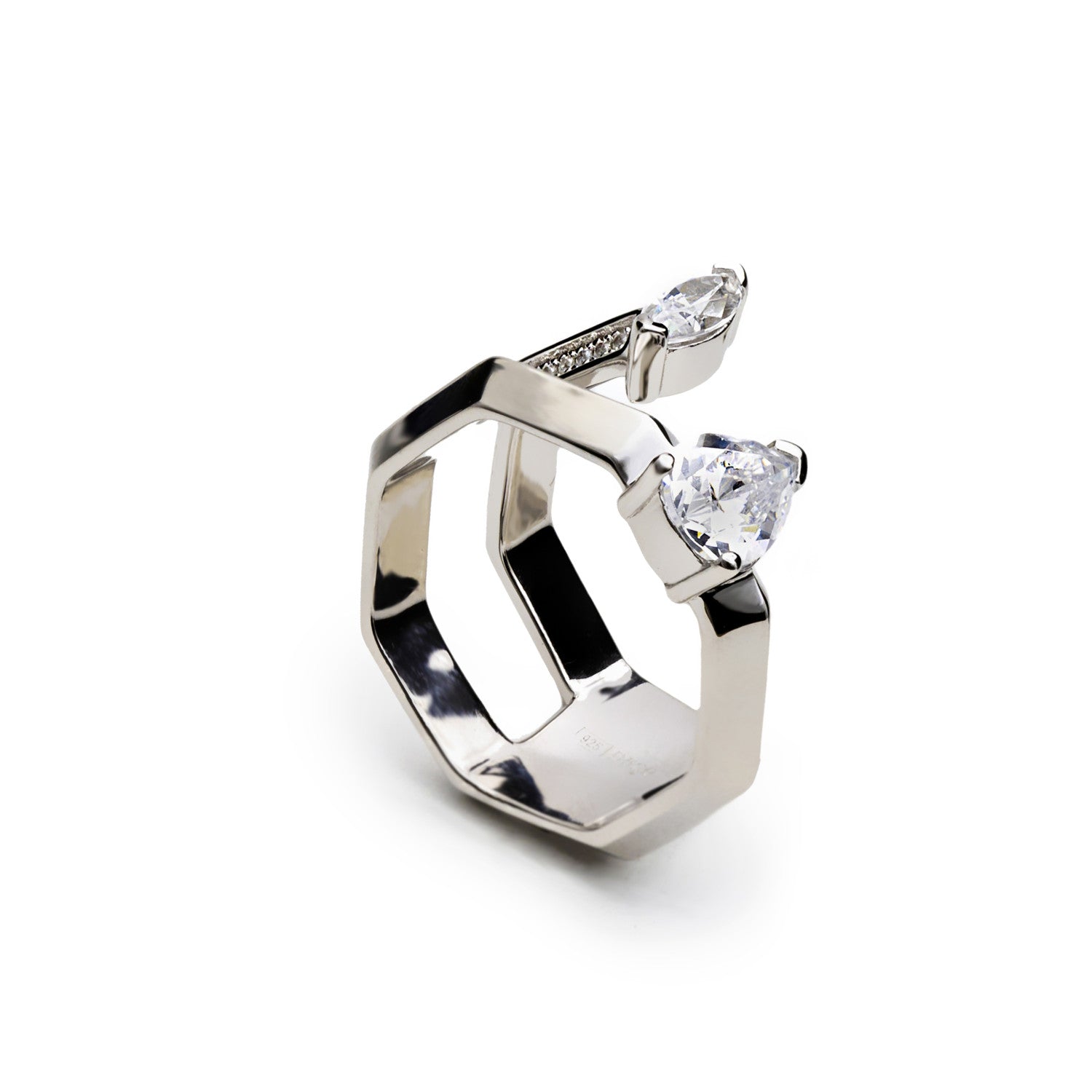 Anillo de diseño original en forma hexagonal con circonitas-LINEARGENT