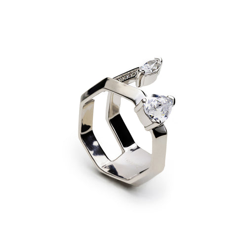 Anillo de diseño original en forma hexagonal con circonitas-LINEARGENT