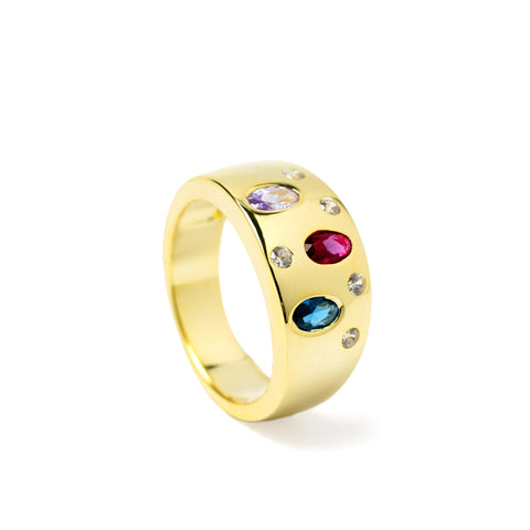 Anillo de plata bañado en oro con gemas multicolor-LINEARGENT