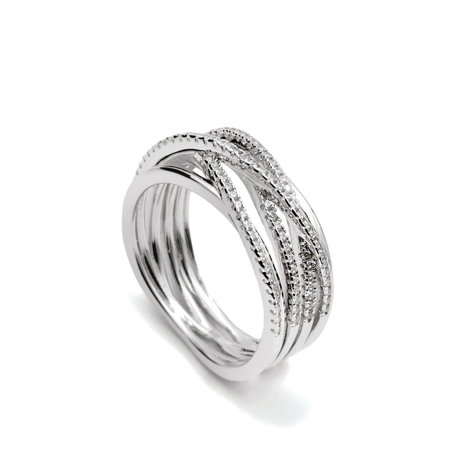 Anillo de plata con circonitas diseño entralazado