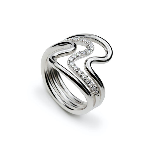 bague de argent avec zircons design vagues