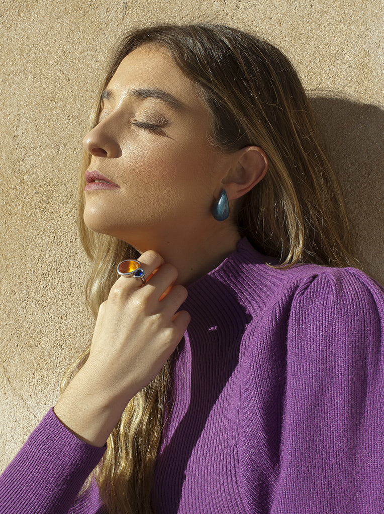 ring silver with stones amber and Blue