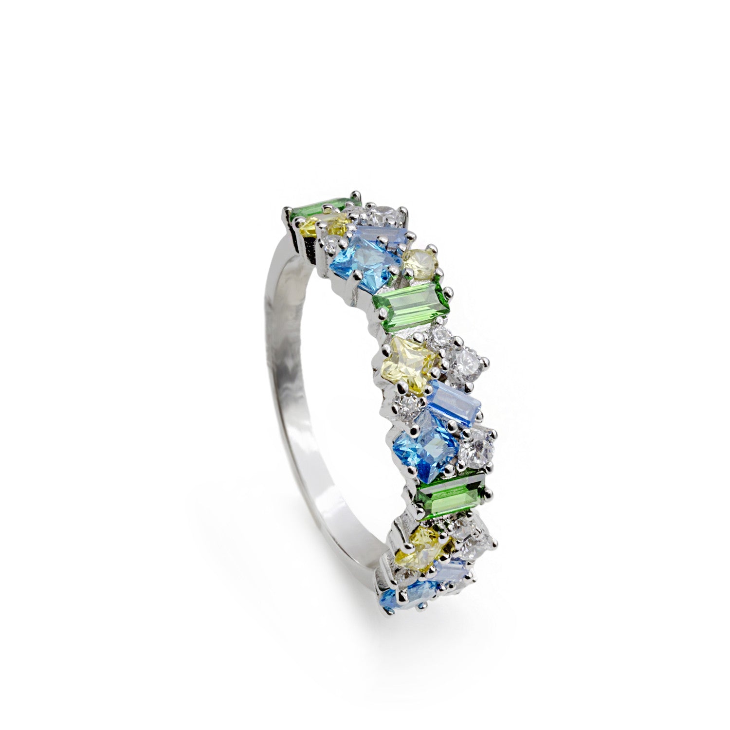 Anillo de plata con piedras multicolor en tonos azules verdes y amarillos-LINEARGENT