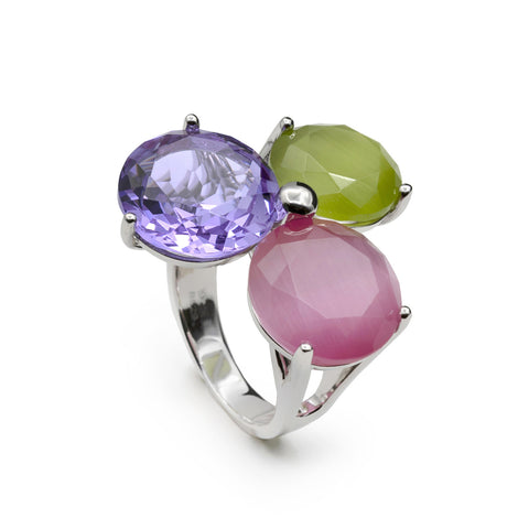 Anillo de plata con tres piedras multicolor-LINEARGENT