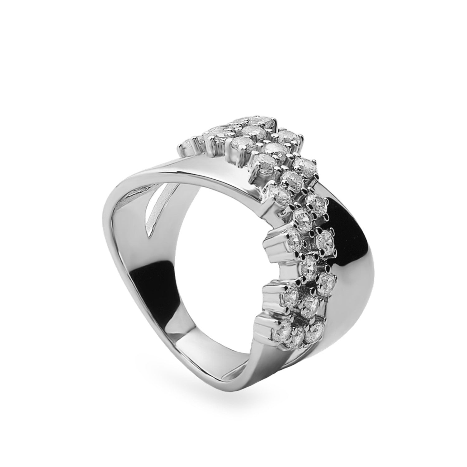 Anillo diseño cruzado de plata con circonitas