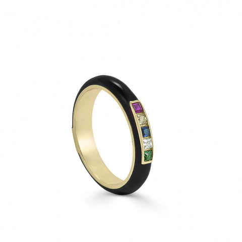 Anillo esmalte negro diseño cuarzos adamantinos multicolores-LINEARGENT
