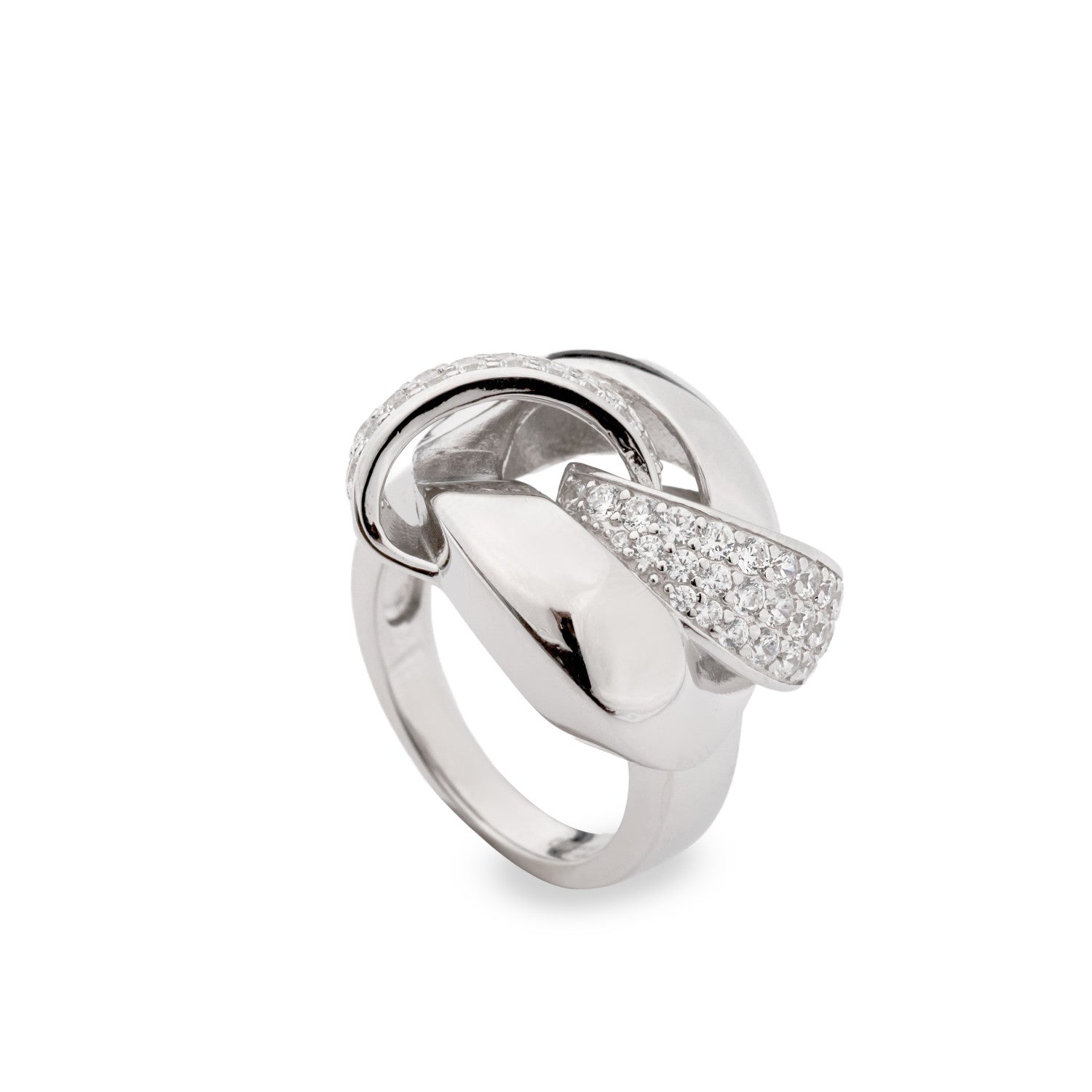 Anillo grueso de plata entrelazado con circonitas