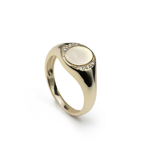Anillo sello de plata bañada en oro con circonitas-LINEARGENT