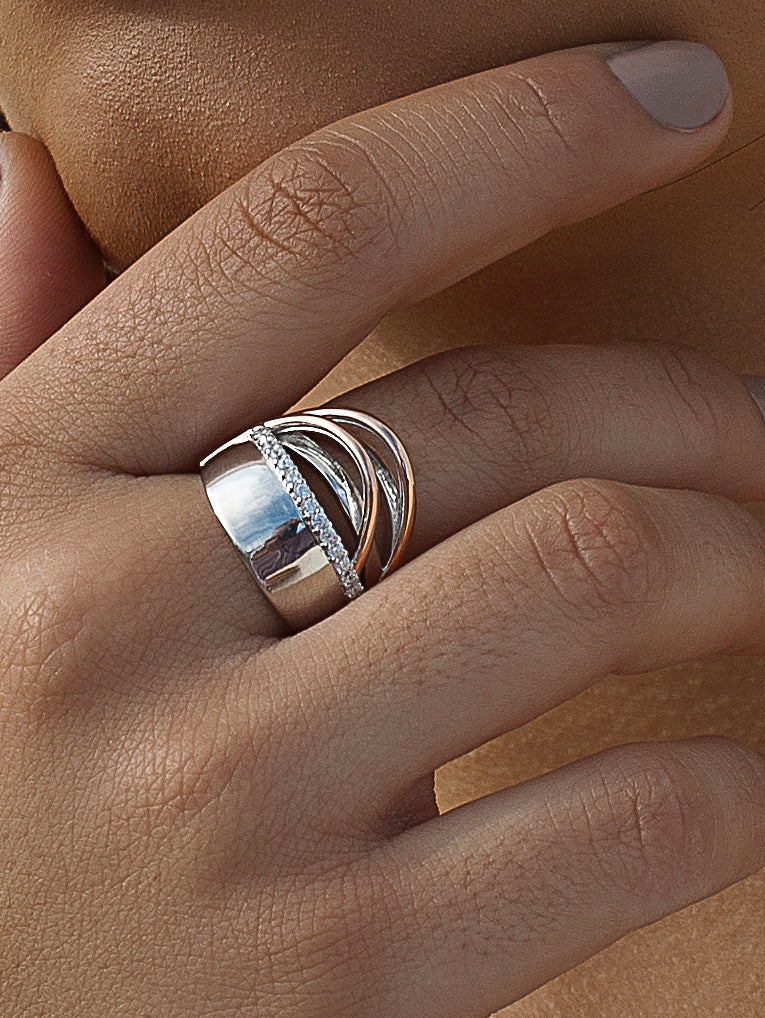 Anillos anchos con carriles bicolores y circonitas-LINEARGENT