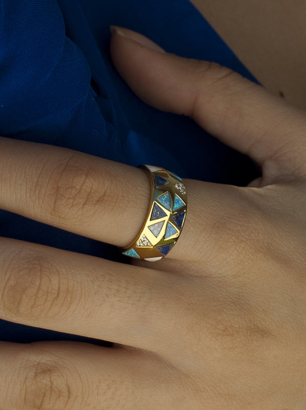 Anillos anchos con lapislazuli y circonitas bañado en oro-LINEARGENT