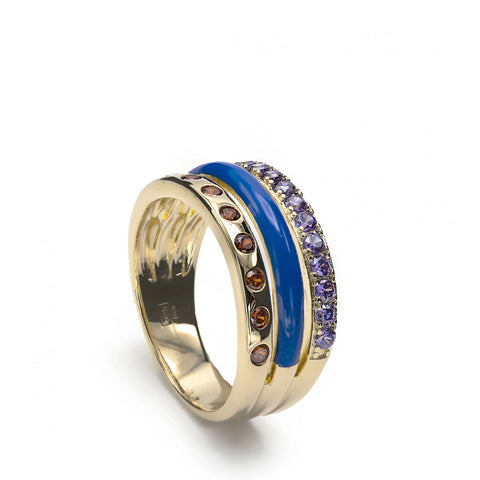 Anillos anchos diseño combinado de esmalte azul y gemas